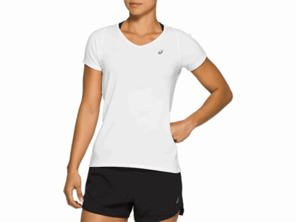 Asics blusa de manga corta cuello en v mujer blanco brillante