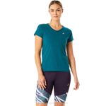 Asics blusa de manga corta cuello en v mujer terciopelo pino elegante