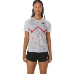 Asics camiseta corta ligera mujer gris glaciar rojo eléctrico
