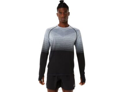 Asics camiseta de manga larga sin costuras hombre negro rendimiento gris
