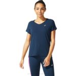 Asics camiseta de mujer azul francés con cuello en v y manga corta
