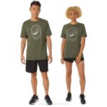 Asics camiseta de pista y campo oliva espiral moderna