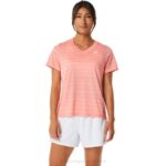 Asics camiseta de rayas guayaba para mujer estilo moderno