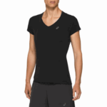 Asics camiseta de rendimiento negra de manga corta con cuello en v para mujer