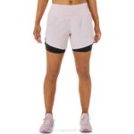Asics carretera mujer 2n1 short rosa claro rendimiento