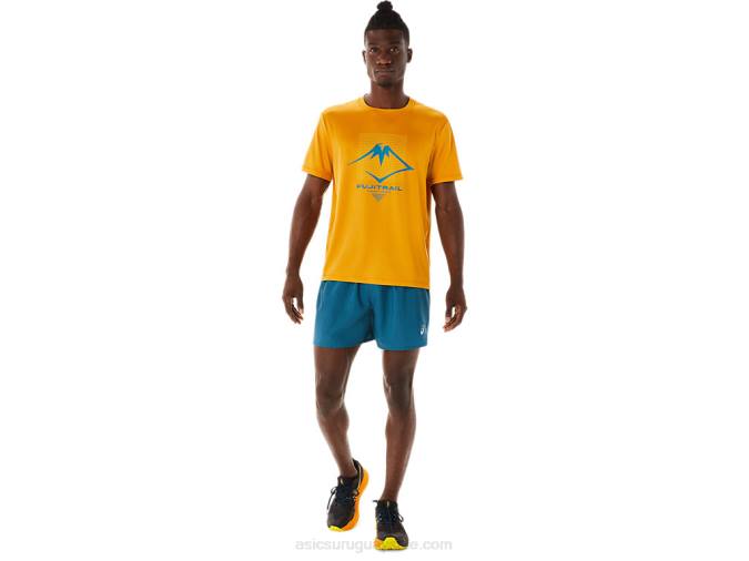 Asics pantalón corto logo fujitrail hombre verde azulado amarillo dorado - Image 4