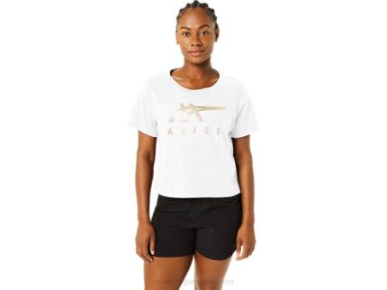 Asics playera boxy rayas cortas mujer blanco brillante estilo moderno