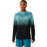 Asics top de manga larga sin costuras hombre pino terciopelo negro rendimiento deportivo