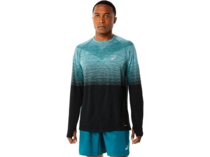 Asics top de manga larga sin costuras hombre pino terciopelo negro rendimiento deportivo