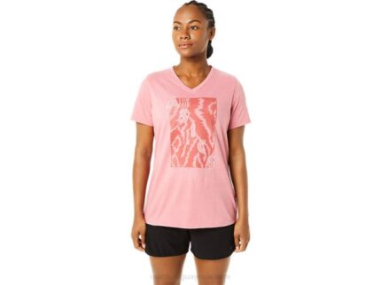 Camiseta Asics Mujer Cuello V Manga Corta Rosa Ahumado Estampada